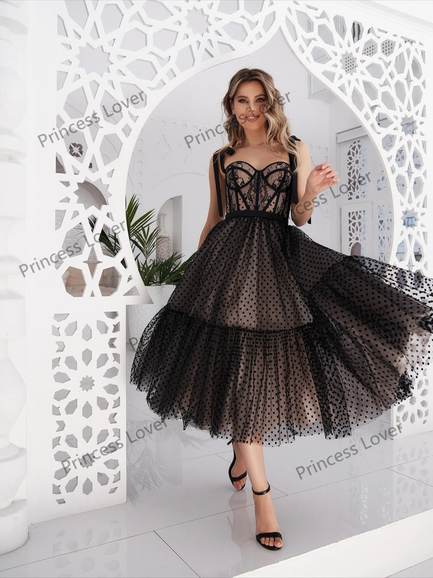 Black Polka Dot Evening Dresses Tea Length Lace Corset Wedding Party Dress Customized A Line Prom Gown Formal Vestidos