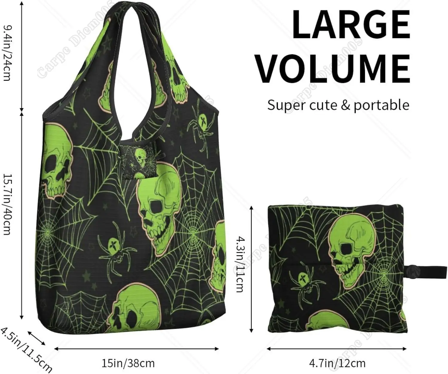 Goth Green Skull Cobweb Halloween Pumpkins Shopping Bags Washable Foldable Shopping Bags Recycling Bags Portable Shopper