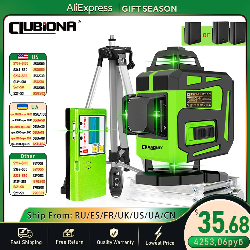 CLUBIONA 3D/4D 12/16 Lines Green Laser Level 360 Horizontal Vertical Cross-Line Self-Leveling Remote Control with 1/2 Batteries