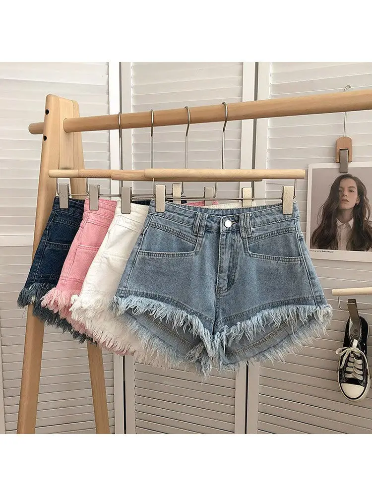 Mini Short en Denim de Style Coréen pour Fille, Taille Haute, Bord Brut, Amincissant, Pompon, Streetwear, Été, 2024