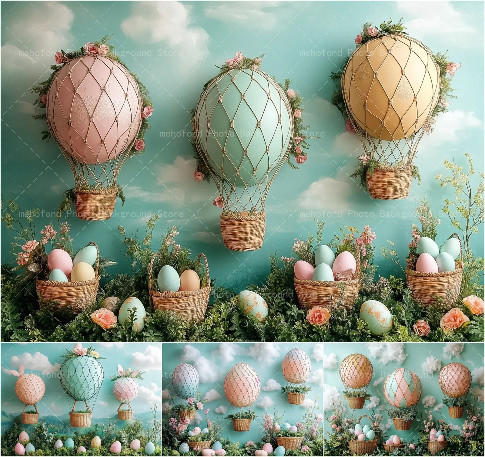 

Мехофонд фон для фотосъемки весенние красочные яйца пасхальные цветы корзина облака голубое небо детский семейный портрет фон Декор