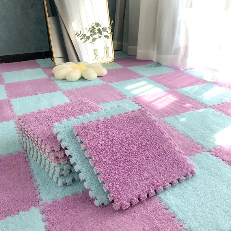 16Pcs Baby Play Mat Plush Foam Interlocking Floor Mat 30x30cm Baby Mat Square Soft Fluffy with Border Baby Floor Mat for Home