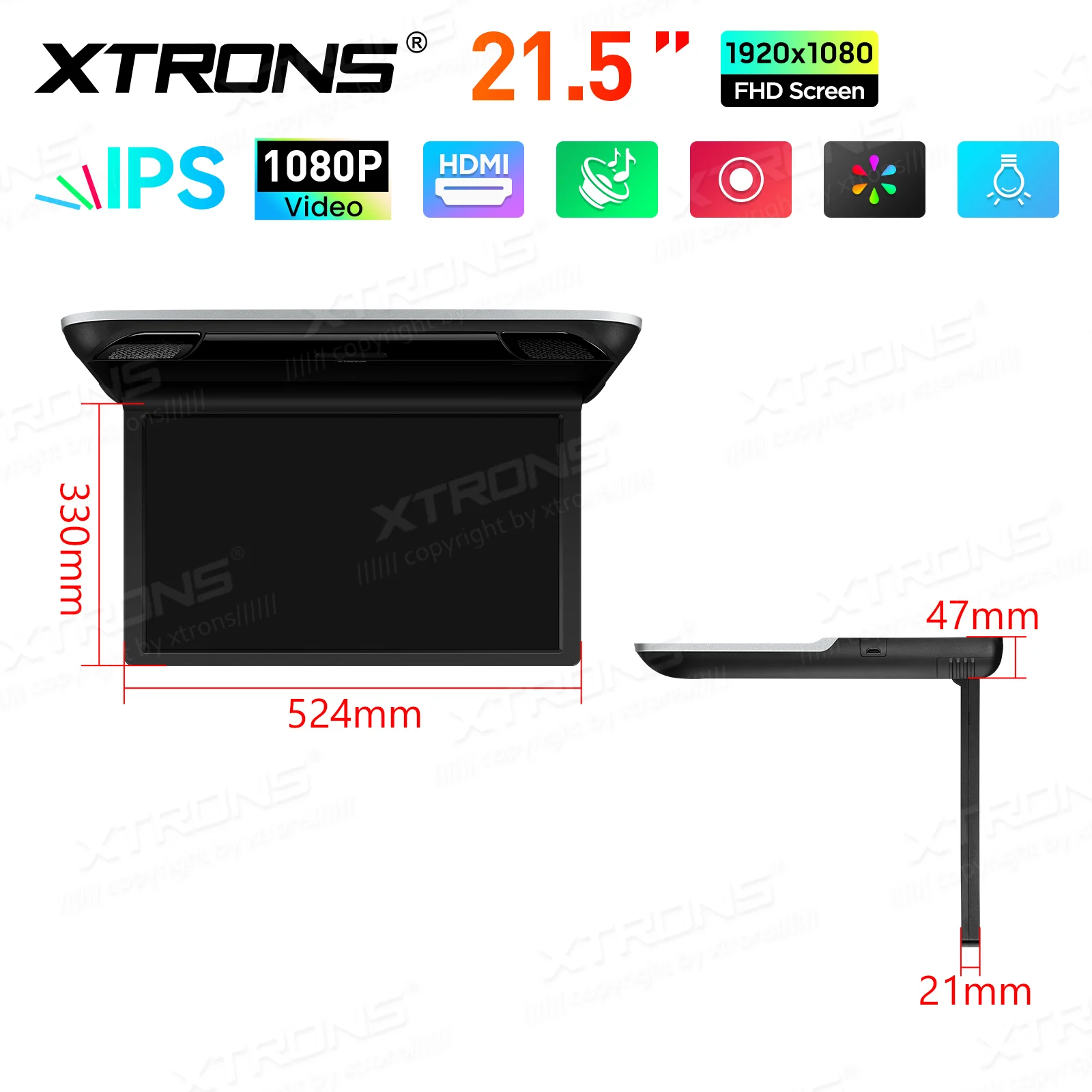 XTRONS 21,5" monitor voor op het dak van auto's, geschikt voor touringcars, bussen en campers. IPS-scherm, 1920 x 1080, instelbare kijkhoek tot 136 graden. °   HDMI-IN