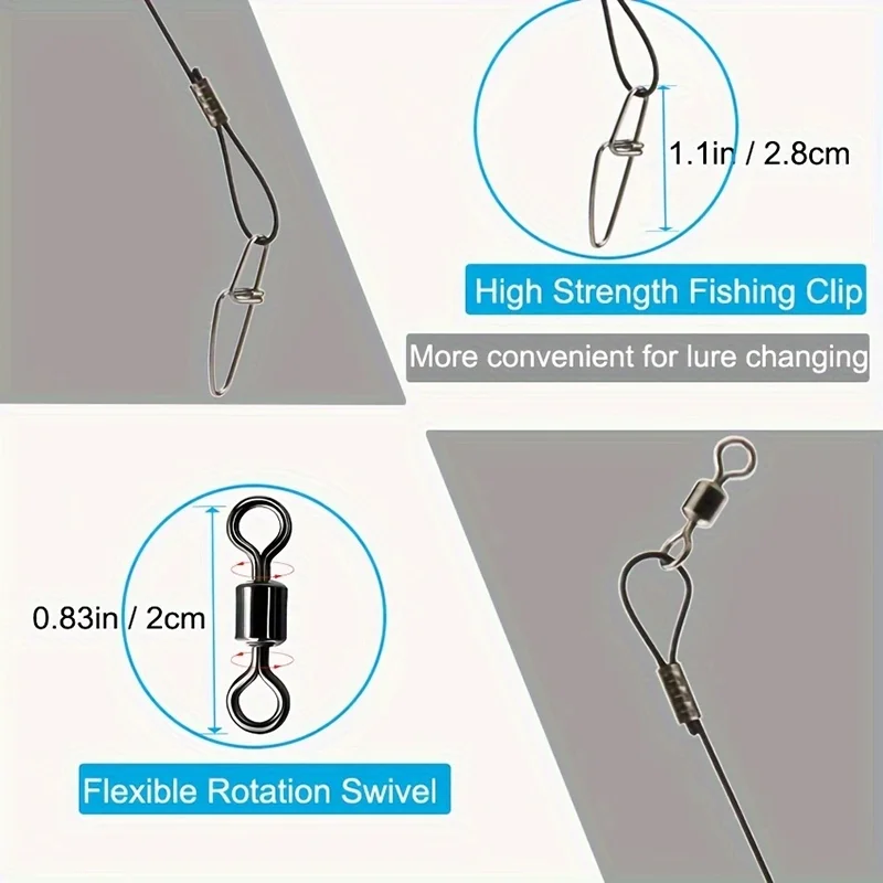 Ackibbik 20pcs Steel Fishing Leaders Line Fishing Steel Wire Saltwater 125LB Fish Leader with Swivel Snaps 19.68in Steel Leader