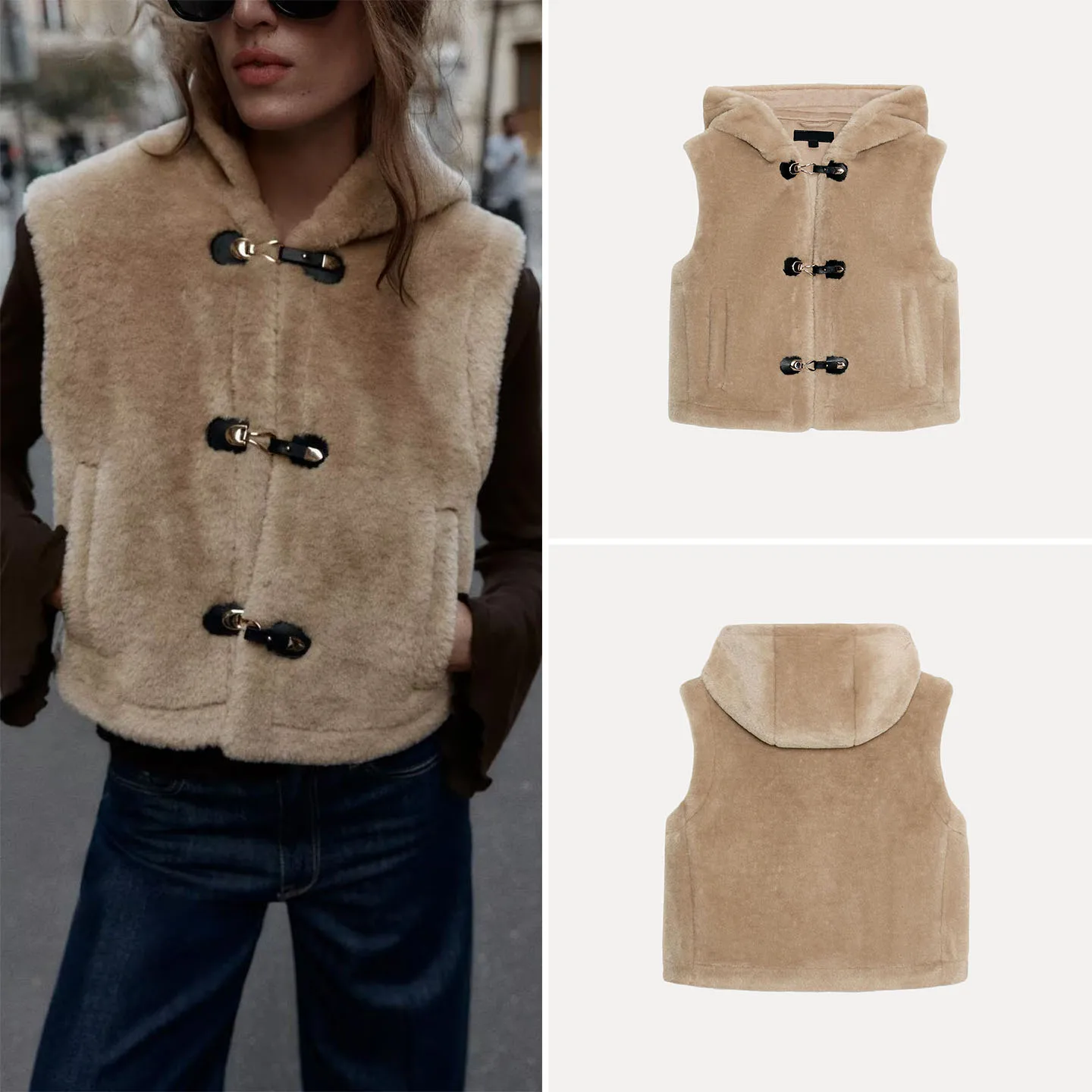 

ZADATA 2025 New Fashion Women's Vest Fleece Rope Knot Decoration Personality Matching Hooded Single Button Closure Color