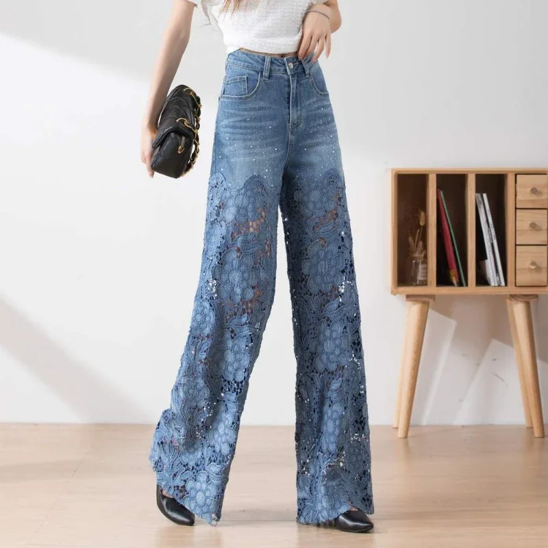 Moda elegante jeans para mulheres cintura alta rendas retalhos pantalones oco para fora oversized primavera casual solto todos os jogos calças