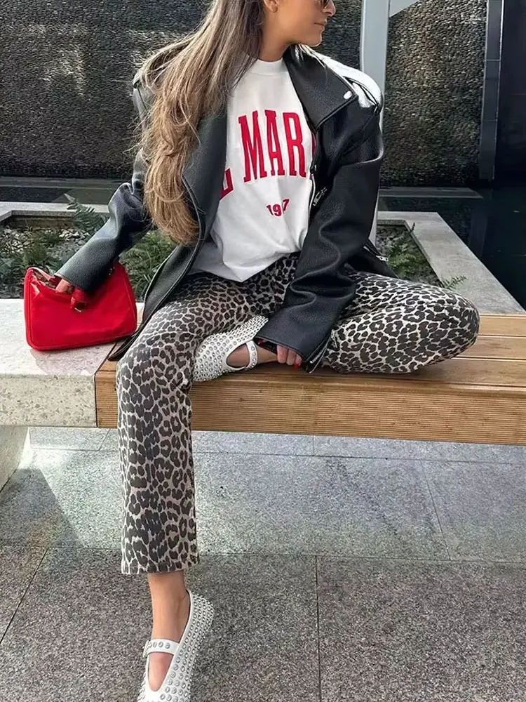 HH 2024 Female Summer Vintage Straight Pants Chic Street Bottoms High Waist Leopard Print Zipper Fly Wide Leg Trousers