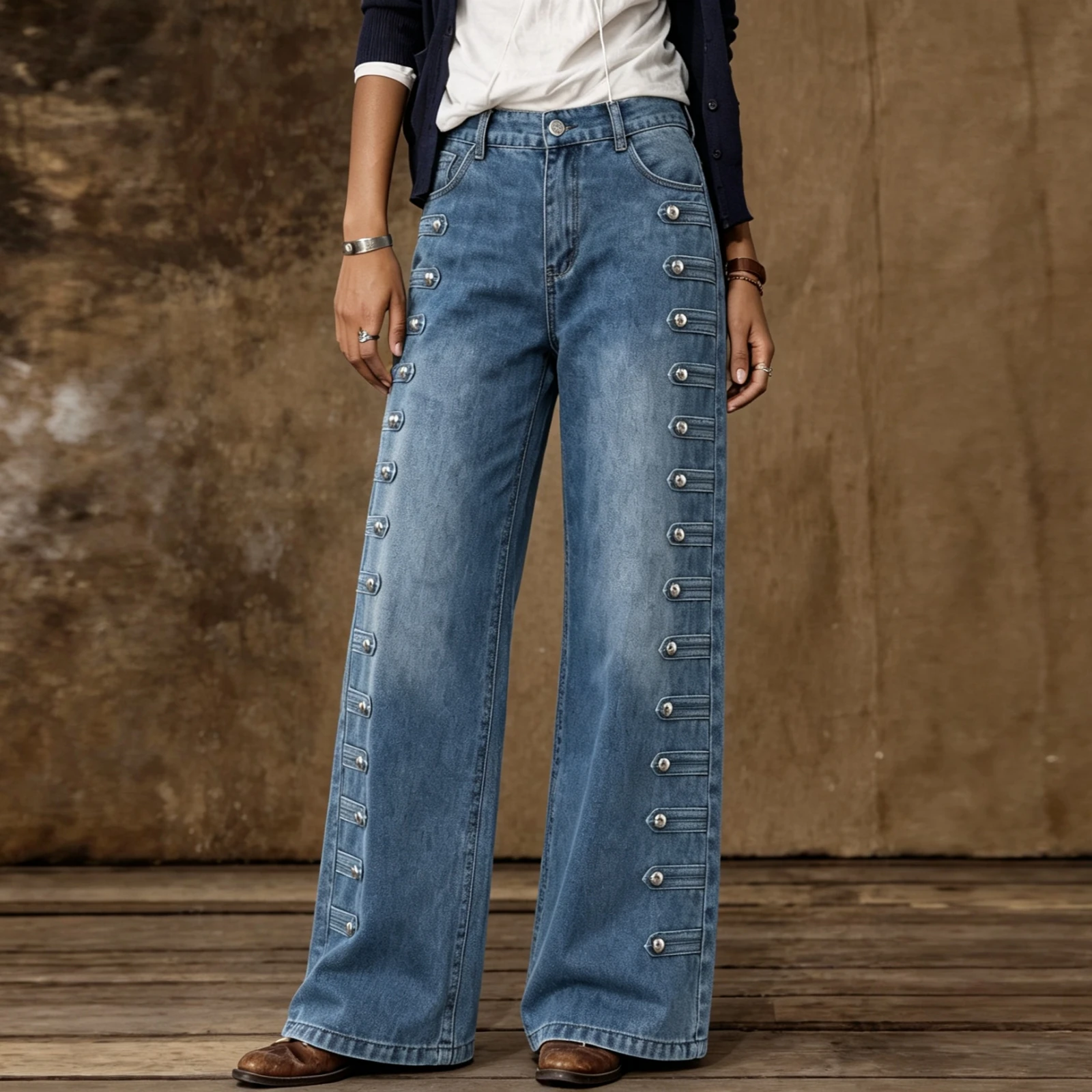 Women Straight Leg Pants Side Rivet Decor Cross Border Hot Selling Trousers