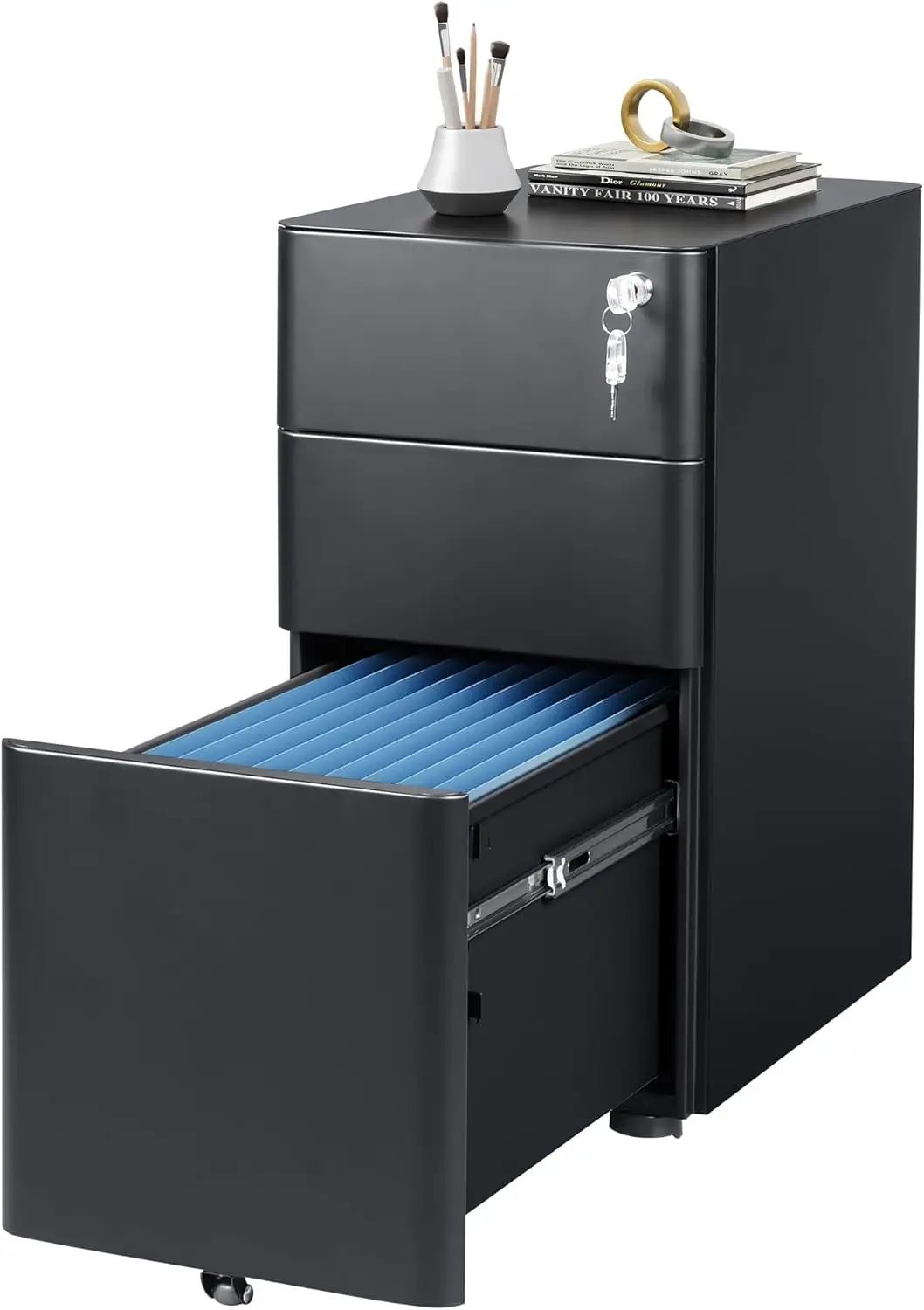 3-Drawer thin filing cabinet, vertical filing cabinet, fully assembled except for casters