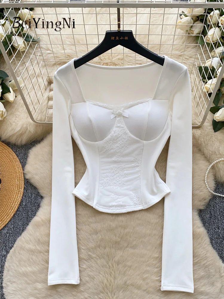 

Beiyingni New Arrivals Spring Elegant White Tops Female Lace Patchwork Bow Skinny Women T-shirt Basic Square Collar Tee Shirts