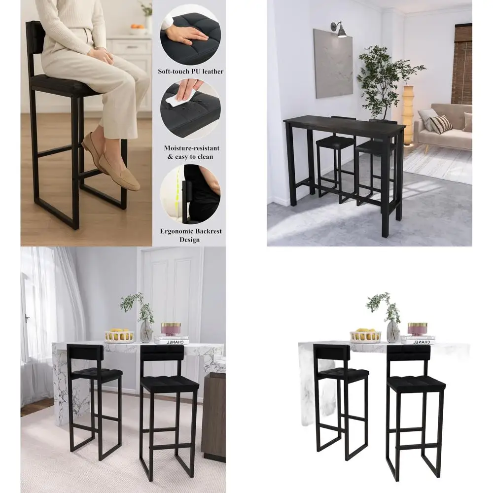 Paar 27 barkrukken met rugleuning, gewatteerde PU-leren stoelen, voetsteunen, zwart metaal, voor keuken of eetkamer