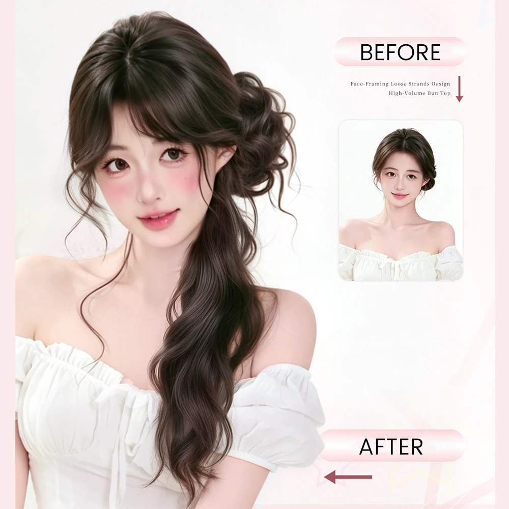 OLACARE Synthetic Wig Messy Bun Ponytail Female Grasping Clip Wavy Wig Side Tied With Low Ponytail Temperament Fluffy Wig