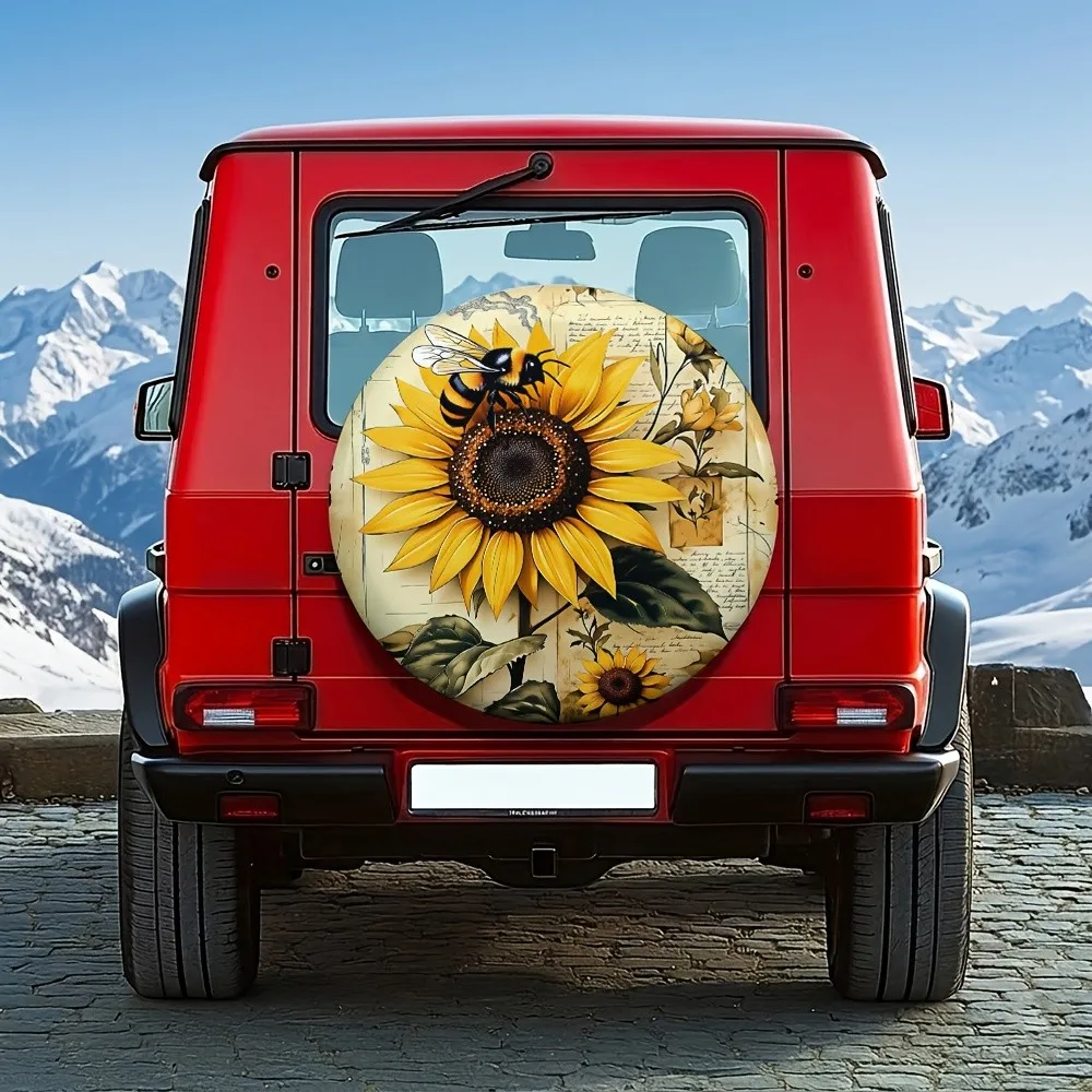 Sunflower Bee Tire Cover Artistic Polyester Spare Wheel Protector for SUV Truck