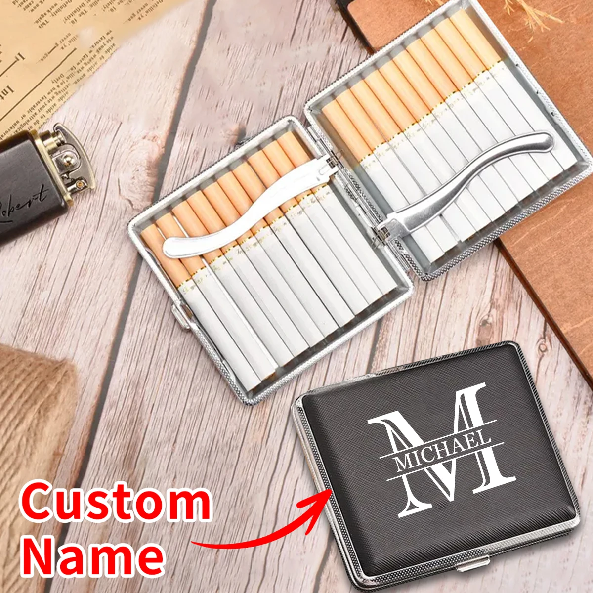 cigarette case personalized Custom Engraving Name Leather Surface Case, Portable Cigarette Storage Box Customized, Cheap Gifts or any loved one who is 45+ Personalized Cigar Holder