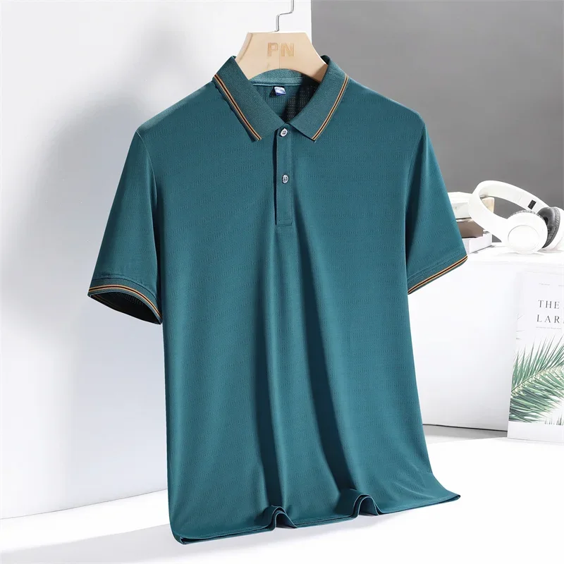 Summer New Men Green Polo Shirt Ice Silk Business Shirt Plus Size Breathable Comfortable Top Short Sleeve Lapel Button Tshirts