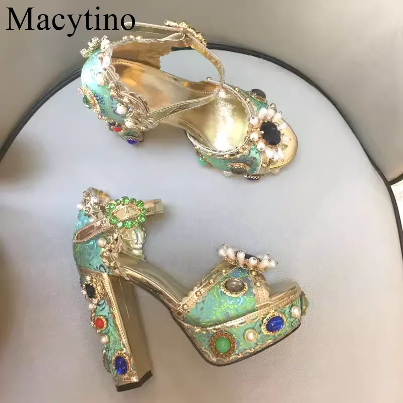 

Top Quality Embroidery Satin Party Shoes Summer Beads Pearl Chunky Heel Rhinestone Diamond Platform Sandals Women