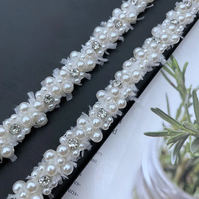 0.5y DIY Hand-stitched Pearl Rhinestone Beads Embroidered Lace Ribbon Wedding Dress Skirts Collar Neckline DIY Sewing Appliques