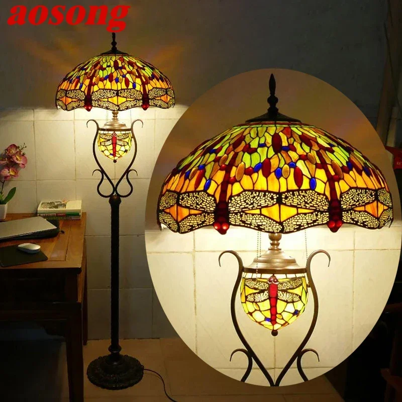 AOSONG Tiffany Floor Lamp American Retro Living Room Bedroom Lamp Country  Stained Glass Floor Lamp