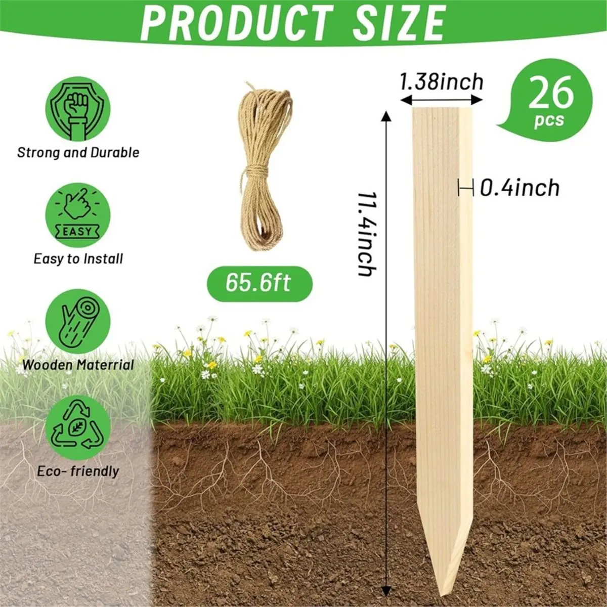 (ABAB) 26Pcs Wooden Garden Stakes, 11.4" Wood Yard Stakes Survey Stakes with 65.6ft Twine, Wooden Garden and Sign Posts