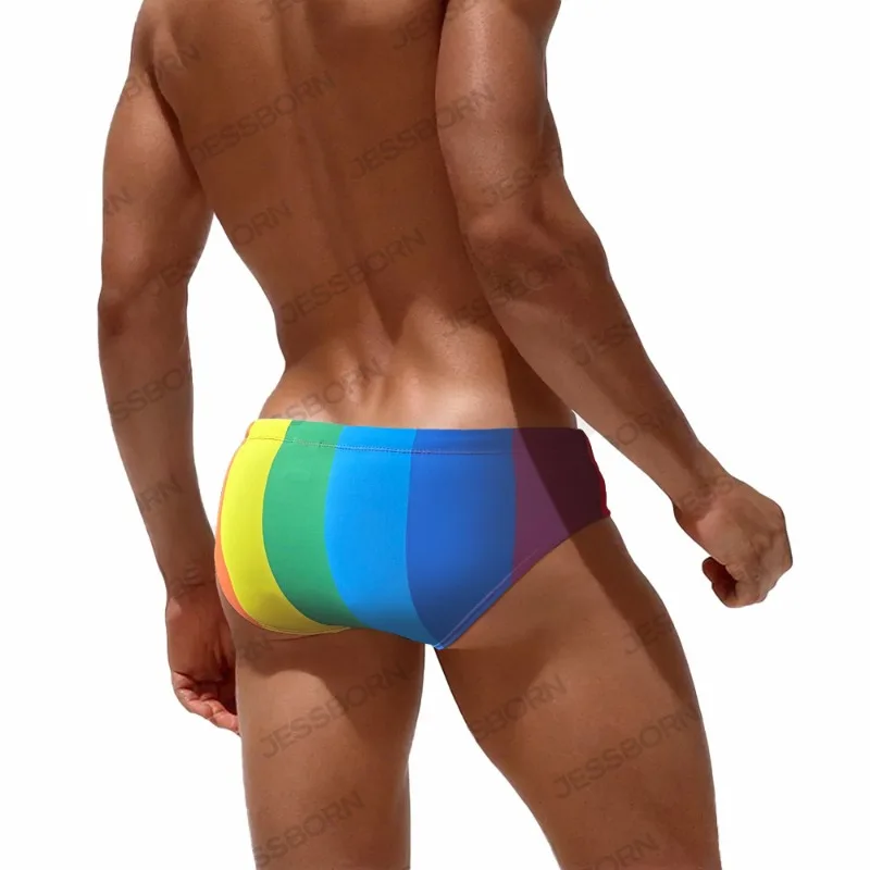 Men\'s Swimming Trunks Men Swimsuit Rainbow Coarse Stripes Swim Briefs Quick Drying Beach Shorts Board Surf Bathing Suit Swimwear