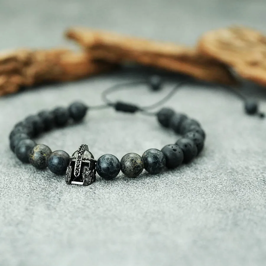 

Unique Warrior Helmet Bracelet Men Handcrafted Sliding Adjustable Turquoises Lava Stone Braclet Daily Casual Homme Hand Pulsera