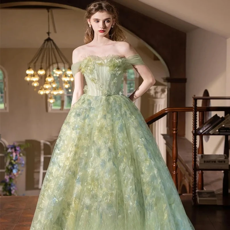 2025 New High End Birthday Party One Neck Dress, Engagement Bride Toast Performance, Dreamy Forest Flower Fairy Evening Dress