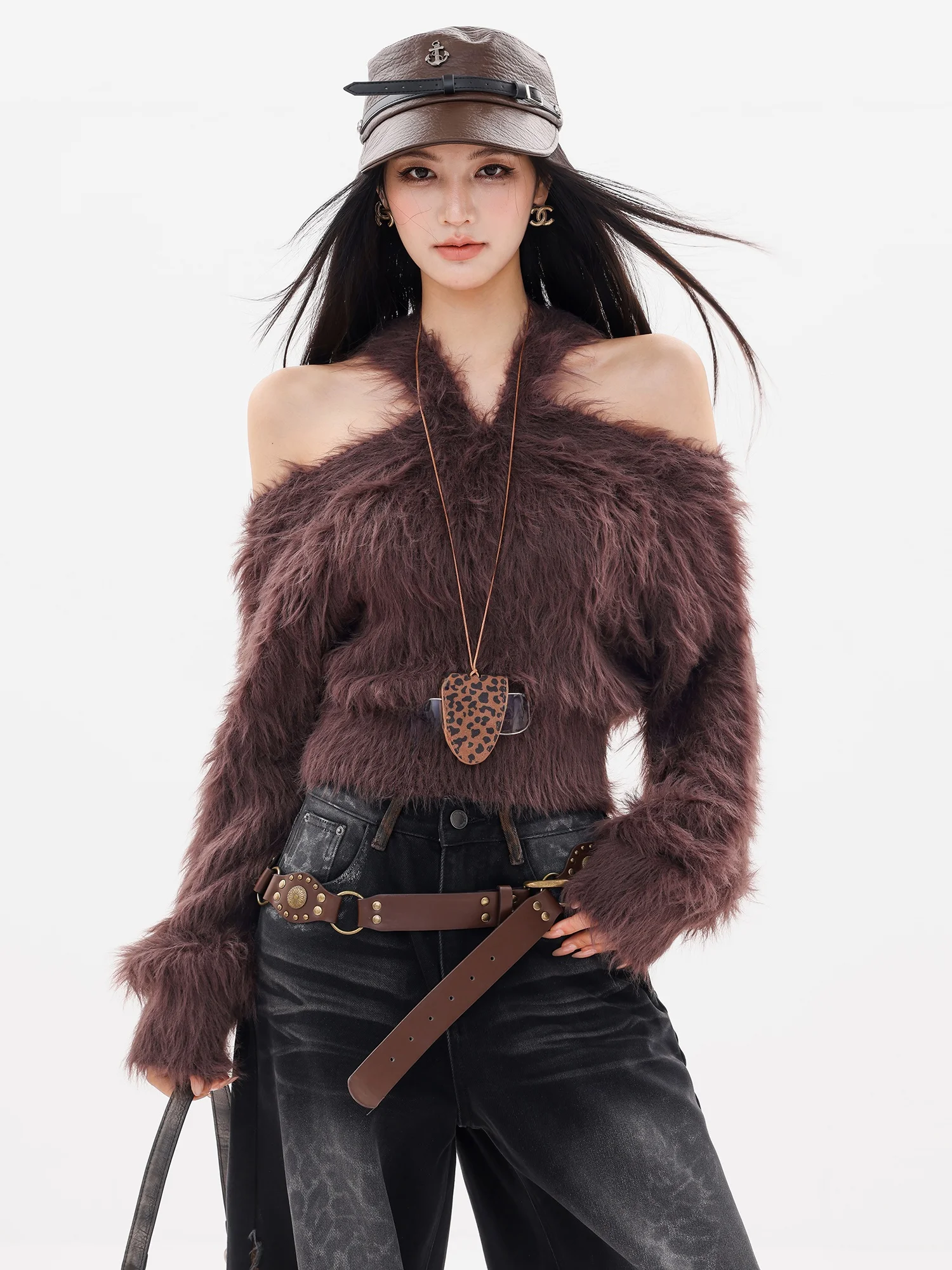 

Вязаный свитер ABWLR Neon Par Original Cross Design с открытыми плечами, пушистый, женский, приталенный, универсальный, с длинными рукавами