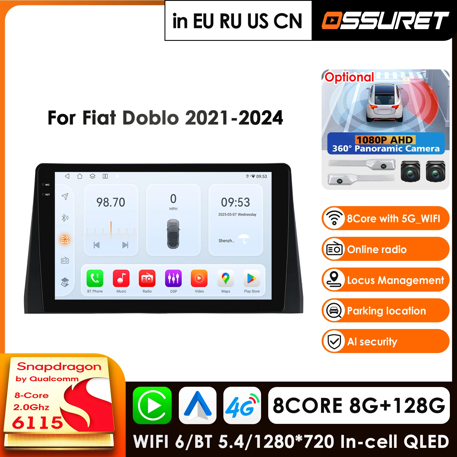 OSSURET 10.1 Inch Carplay 2 Din Android 14 Car Radio for Fiat Doblo NEW 2021-2024 GPS Multimedia Qualcomm 6115 360° ADAS Camera