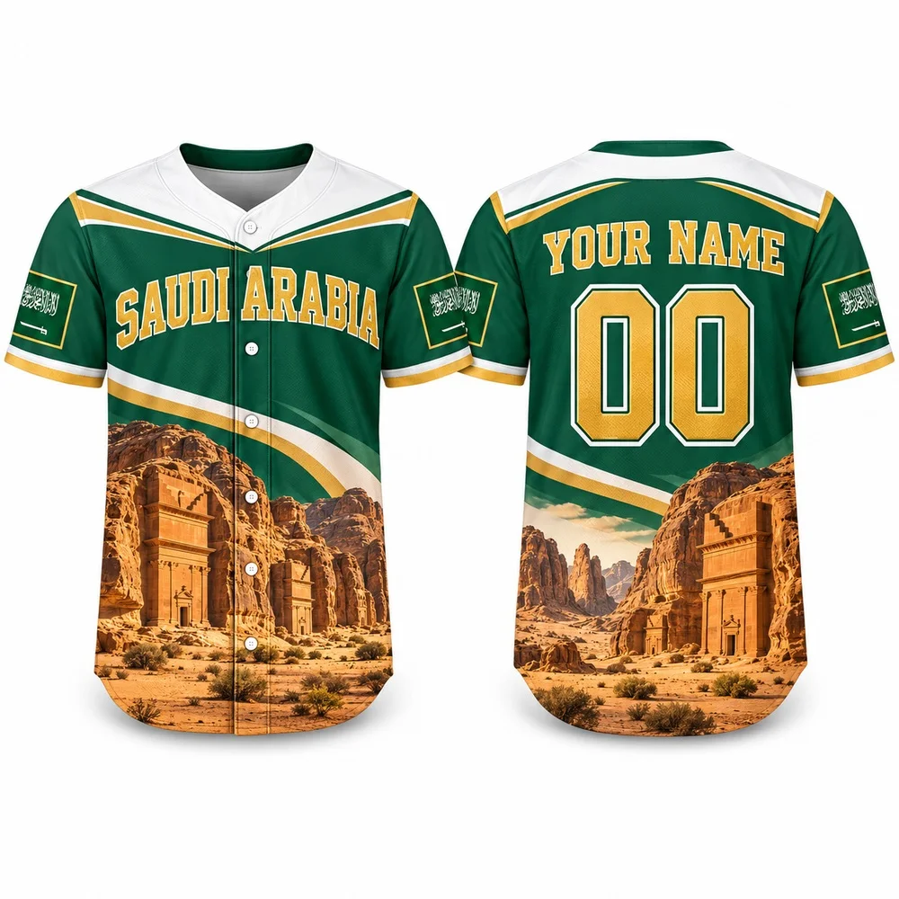 DIY Saudi Arabia Desert and Horse Baseball Jersey Custom Name Number Jerseys Shirt with Green White Flag Cultural Art Shirts