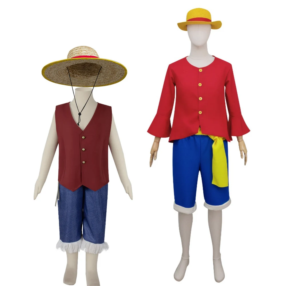 

Monkey D. Luffy Cosplay Costume Adult Coat Shorts Straw Hat Full Set Live Action TV Kids Role Play Suit Halloween Carnival Party