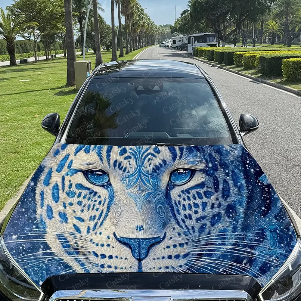 Blue Eyed Ice Blue Cheetah Car Hood Decal Sticker, Durable Car Vinyl Wraps Suitable For Most Vehicles, Car Engine Hood Protectiv