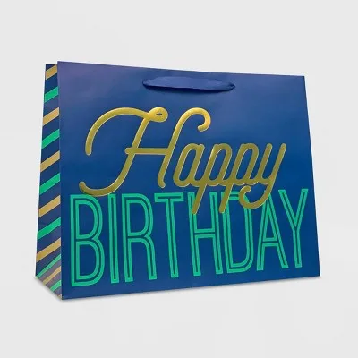 Bolsas y Cajas de Regalo Medianas 'Feliz Cumpleaños' Azul Marino/Verde/Dorado para Presentación de Regalos