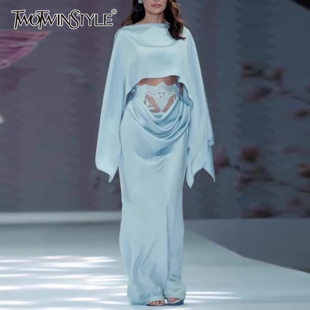 TWOTWINSTYLE Pleated Spliced Lace Slimming Two Piece Set for Women Round Neck Cape Sleeve Top High Waist Midi Skirt Sets Female
