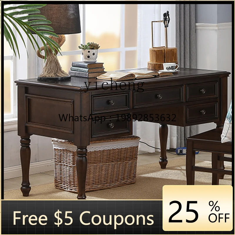 

YY Solid Wood Desk Black Walnut Color Mahogany Dining Table with Drawer