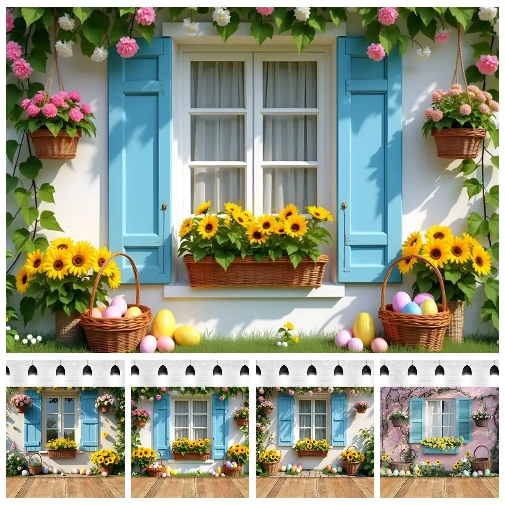 

Spring Easter Background for Photography Flowers Window Easter Eggs Garden Wall Decor Family Party Photocall Backdrop Banner