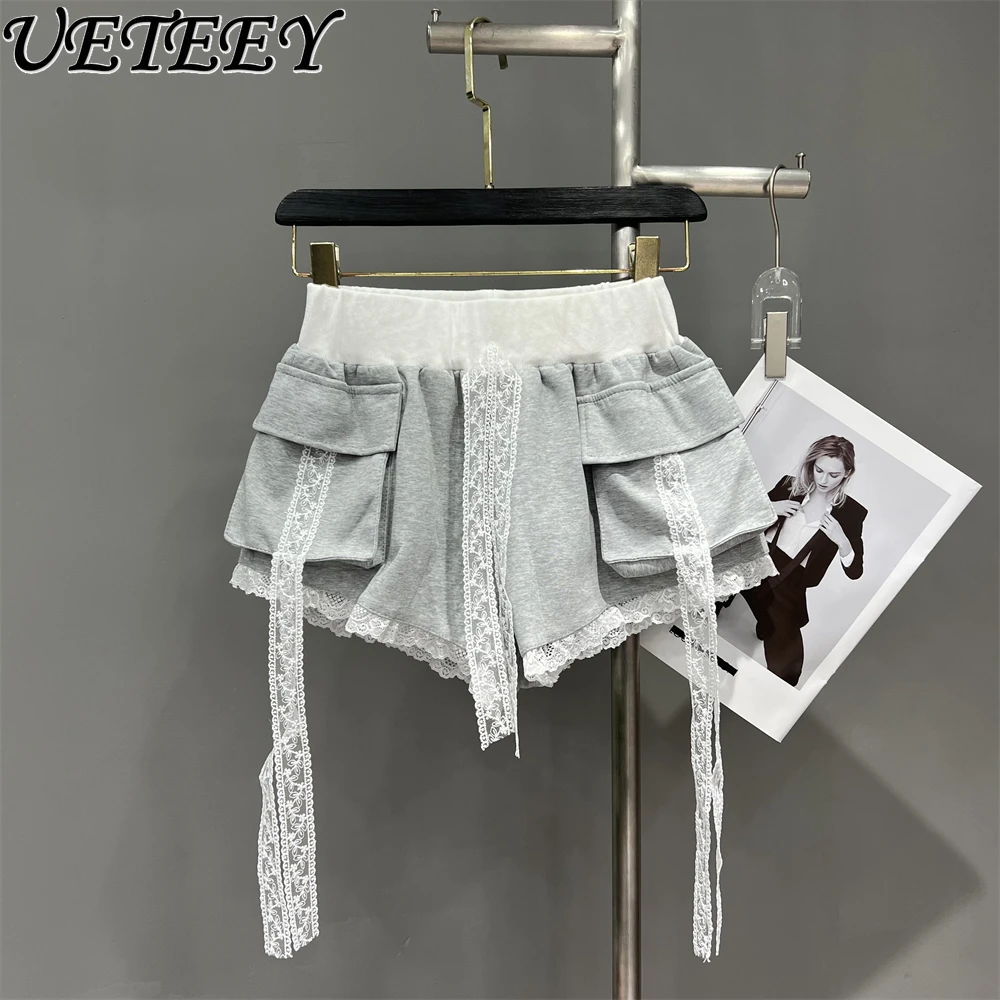 Fashion Gray Lace Stitching Casual Shorts for Women Summer New 2024 Casual Wide-Leg Shorts Female A- Line Hot Short Pants Tide