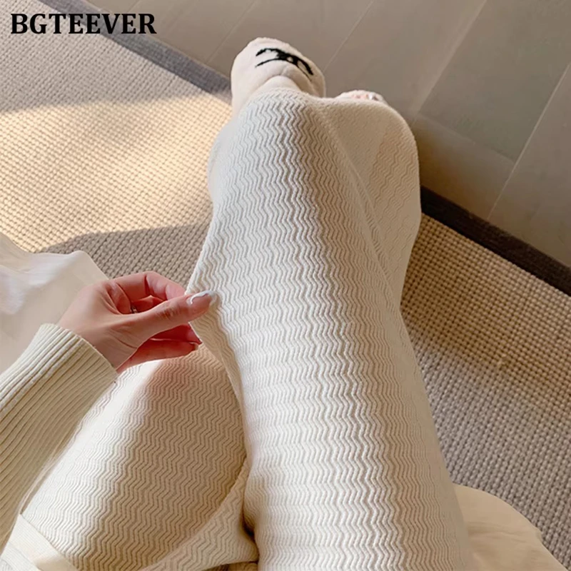 

BGTEEVER осень-зима повседневные свободные вязаные брюки женские эластичные широкие брюки с высокой талией и шнурком женские