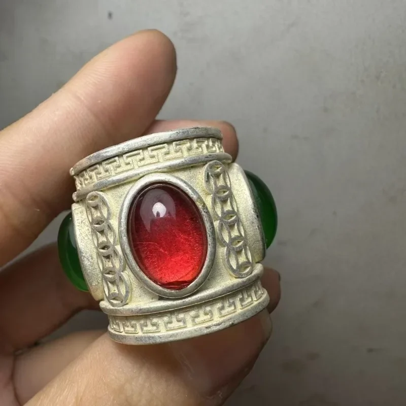 الصين القديمة الفضة التبتية مطعمة خمر الأحجار الكريمة الحمراء الشعبية مخصص خاتم الرجال غرامة الأزياء والمجوهرات هدية
