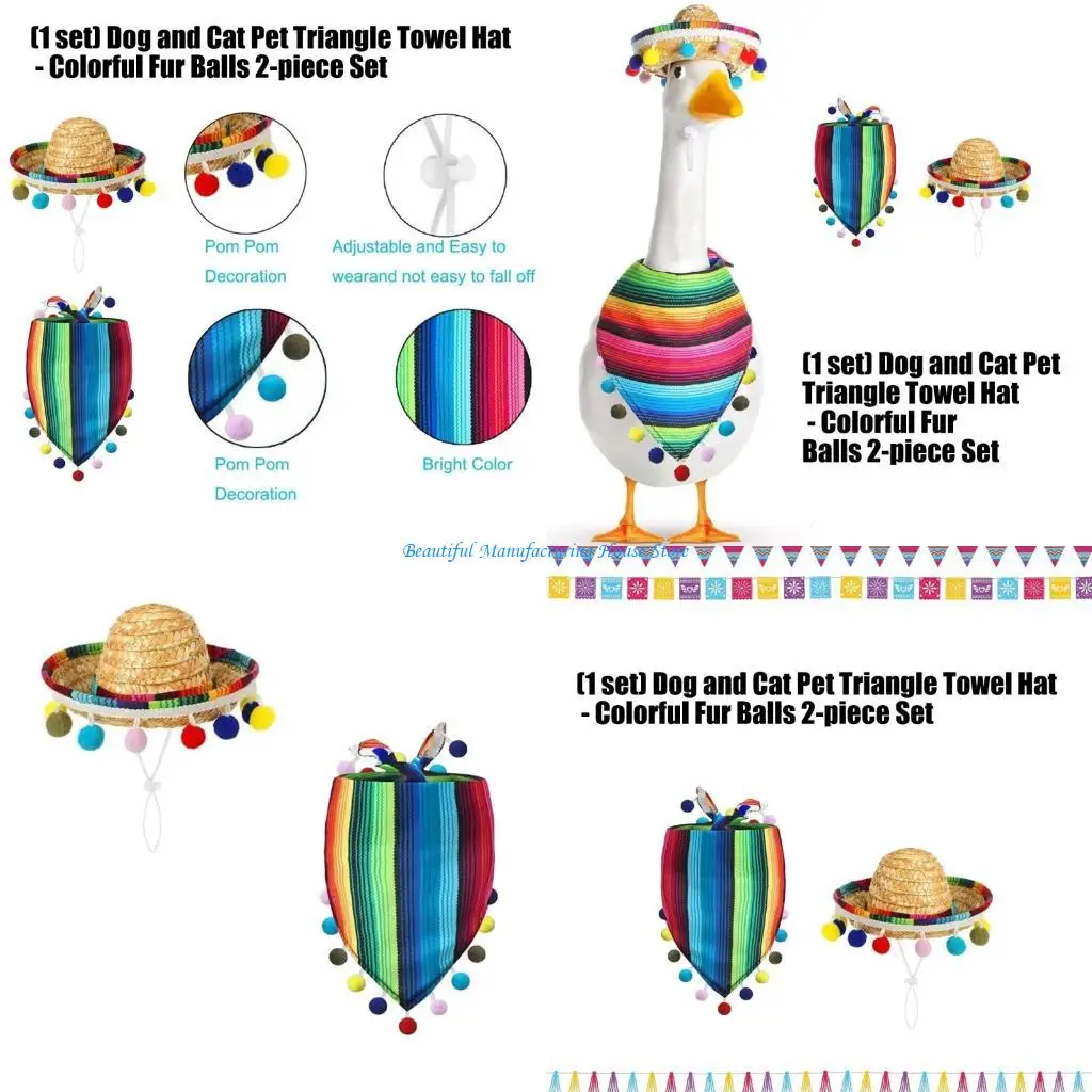 E56A Colorful Southwestern Design Straw Hat And Scarf Set For Garden Statue Party Decor