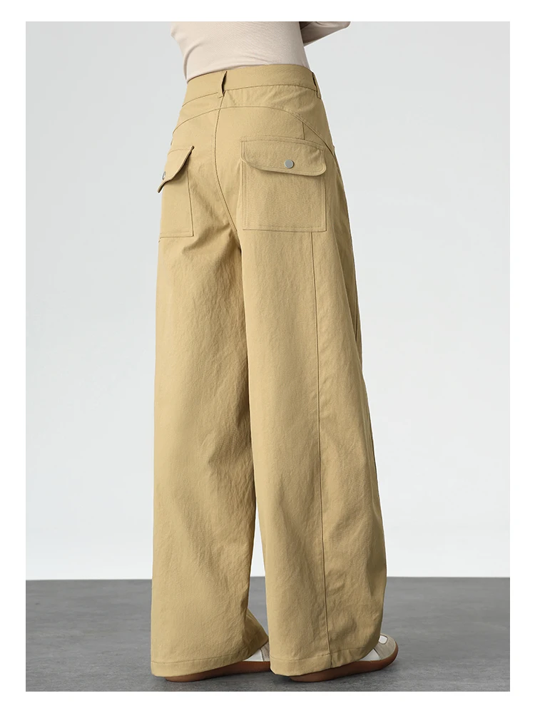 Hochgeschnittene Gerade Hose für Damen, Vintage-Stil mit Klappentasche, Gerade Weite Hose im Koreanischen Stil, Drapierendes Design, Schlankmachende Lange Hose – Detail 7