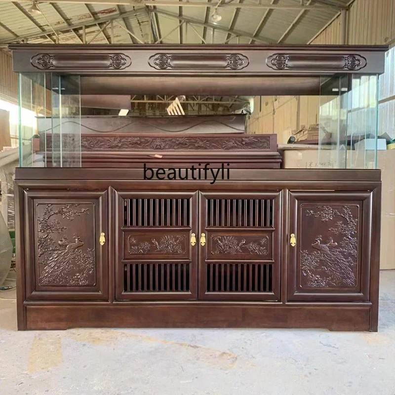

ss7486 Cabinet Fish Tank Bottom Filter Chinese Style European Style Wood Color Dragon Picture Two Horses Landscape Dragon Fish T