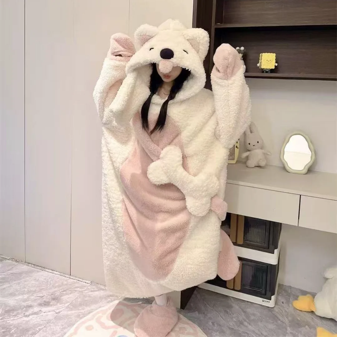 

Winter Cute Dog Puppy Pajamas Long Warm Coral Fleece Bathrobe Cartoon Funny Home Wear Set Nightgown for Women Christmas Gifts