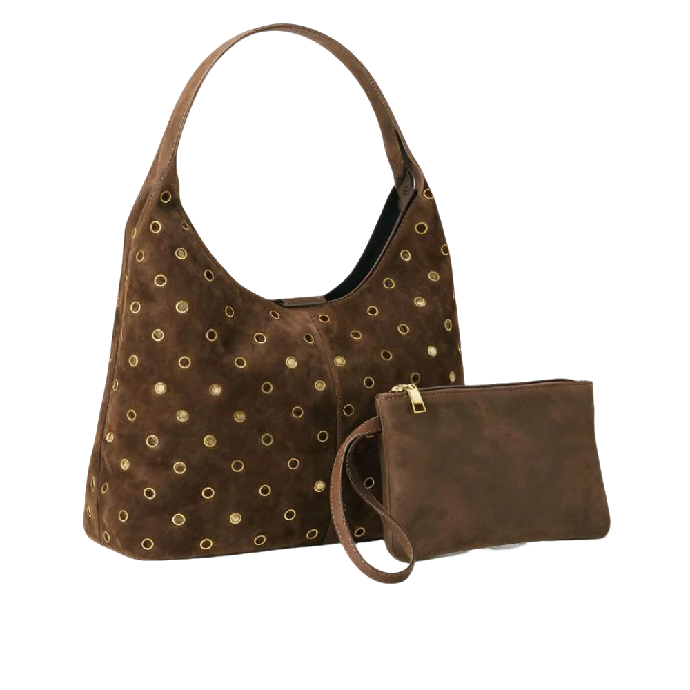 

Замшевая сумка-тоут с металлическими шипами и подходящим кошельком, женская сумка на плечо с полыми заклепками, большая однотонная винтажная женская сумка