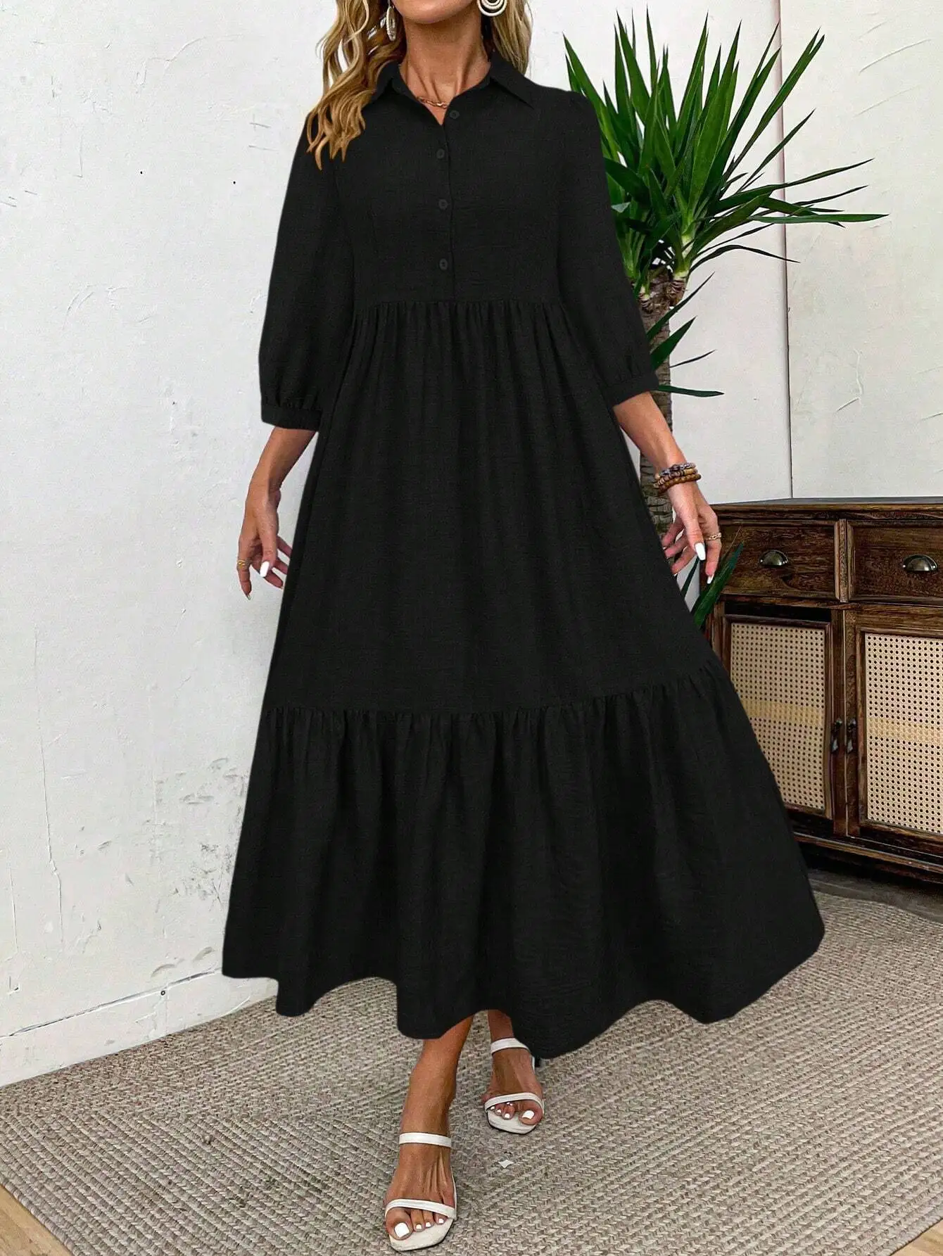 

Женское повседневное платье-рубашка макси однотонного цвета для отпуска