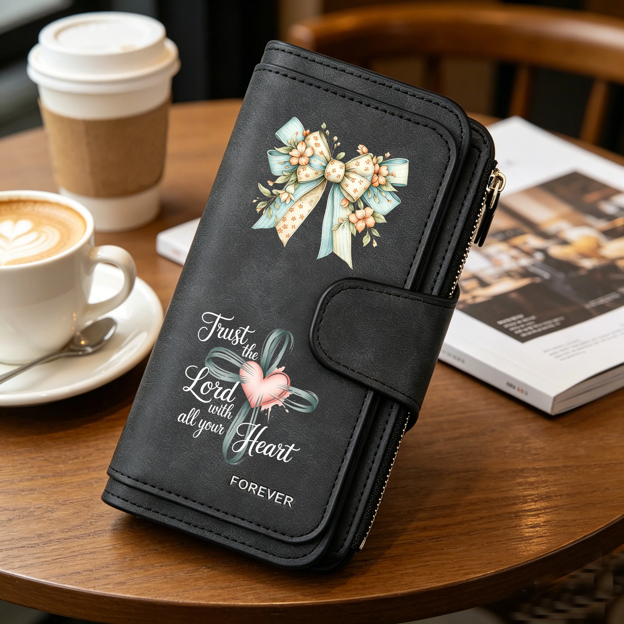 Cross Heart Faith Quote Floral Bow Lange Geldbörse mit Reißverschluss und Schnalle, Handtaschen, Münzgeldbörse, weiches PU, Multi-Kartenhalter, Tasche mit großem Fassungsvermögen – Detail 5