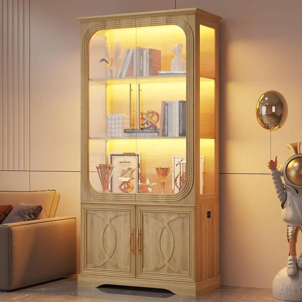 69 Oak 5-Tier LED-Lit Glass Display Cabinet with Human Body Sensor for Living Room