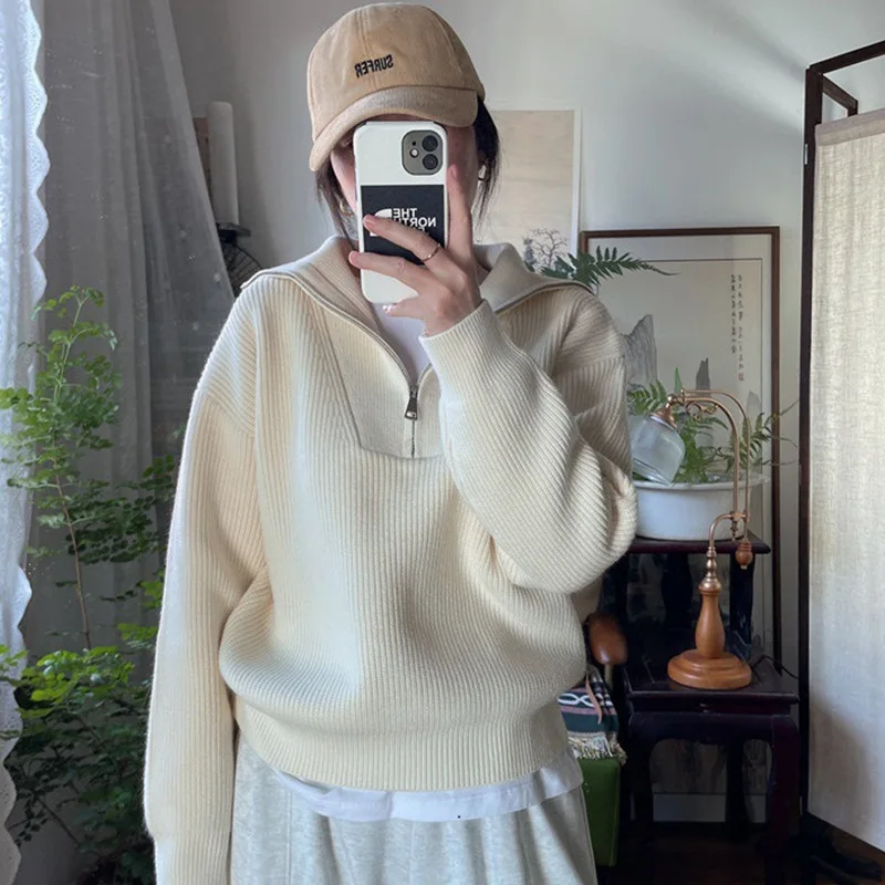 

Loose Women's Knitted Sweater Half Zipper Stand Collar Lazy Style Casual Knitwear Autumn Winter New Arrival Korean Version