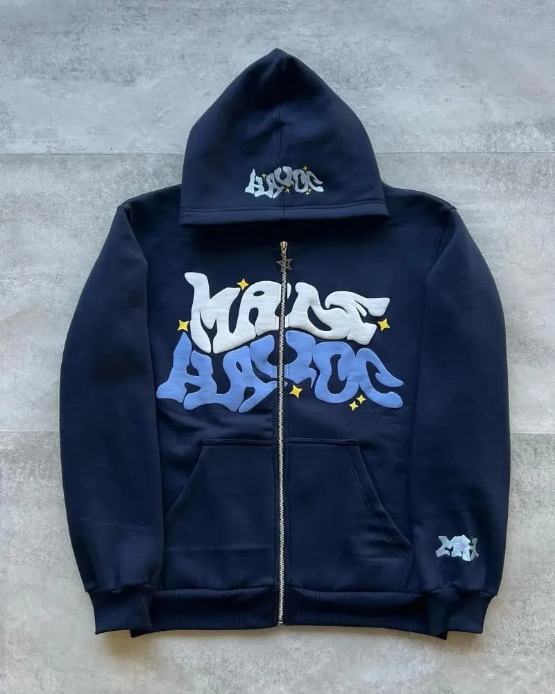 Hoodie Ritsleting Cetak Bintang dan Huruf Retro Amerika Jaket Kardigan Merek Fashion Malas Bagian Musim Semi Musim Gugur Y2K Wanita dan Pria