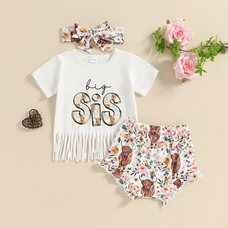 2024-03-12 Lioraitiin Sister Matching Outfit Short Sleeve BIG SIS T-Shirt Tops LIL SIS Rompers Baby Girls Shorts Clothes Set