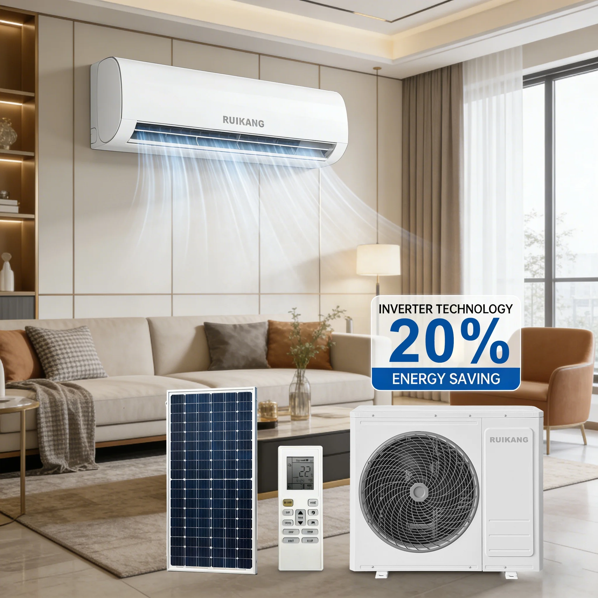 24000BTU 2Ton Solar Mini Split Air Conditioner Cooling Inverter Cooling Heating R32 R410 Energy Saving Auto Restart
